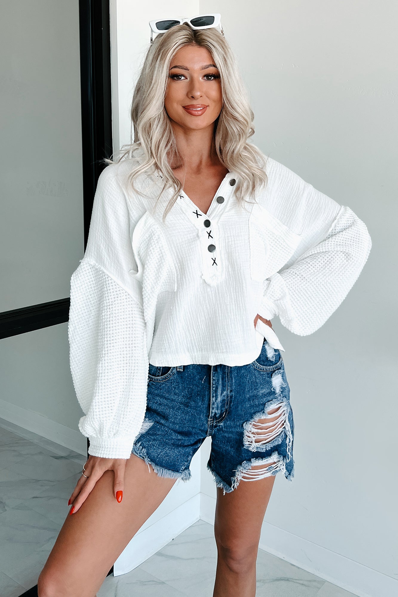 Seaside Sway Contrast Sleeve POL Shirt (Off White) - NanaMacs