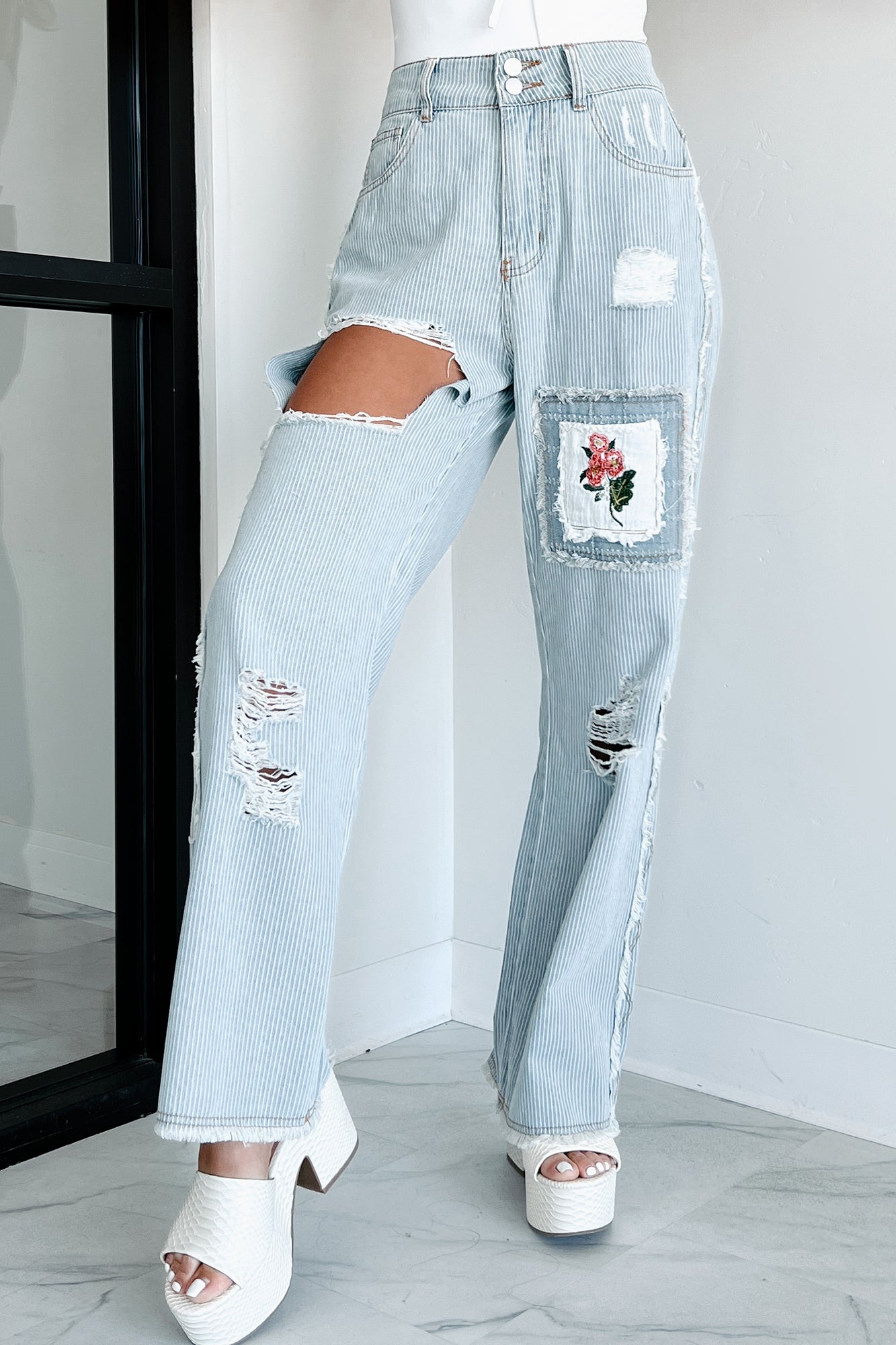 Catalina Distressed Embroidered POL Jeans (Stripe Denim) - NanaMacs