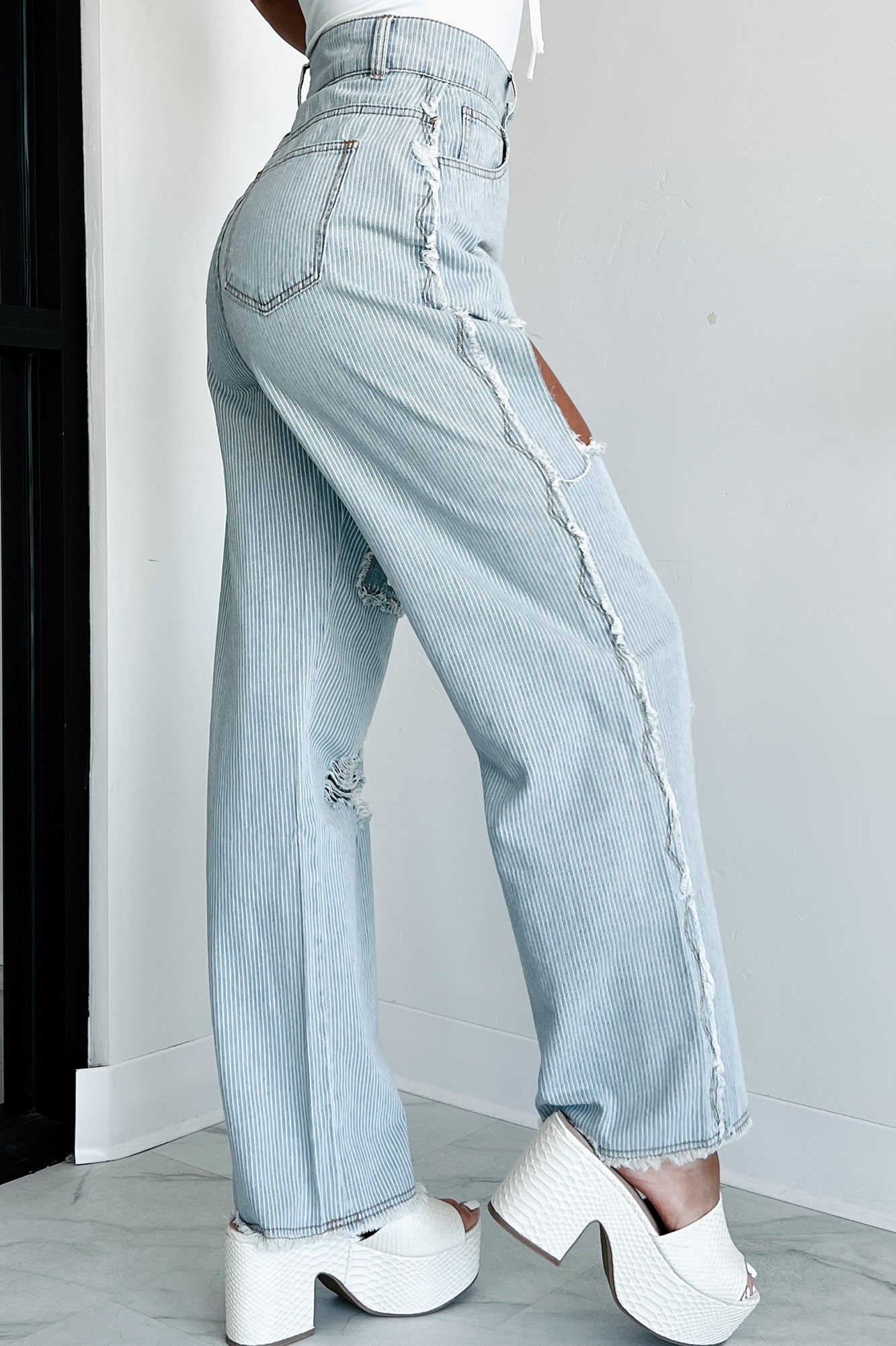 Catalina Distressed Embroidered POL Jeans (Stripe Denim) - NanaMacs