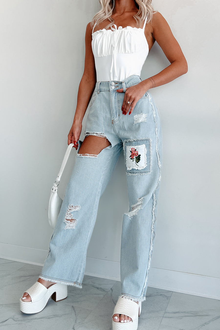 Catalina Distressed Embroidered POL Jeans (Stripe Denim) - NanaMacs