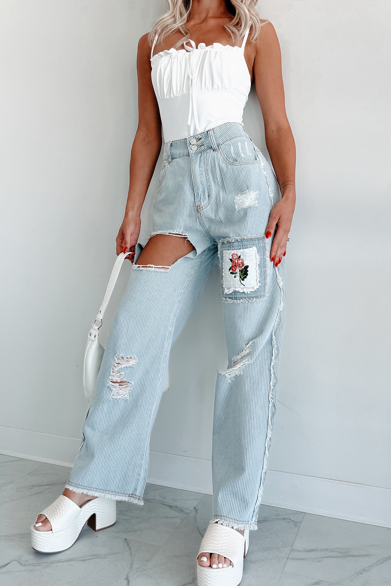 Catalina Distressed Embroidered POL Jeans (Stripe Denim) - NanaMacs