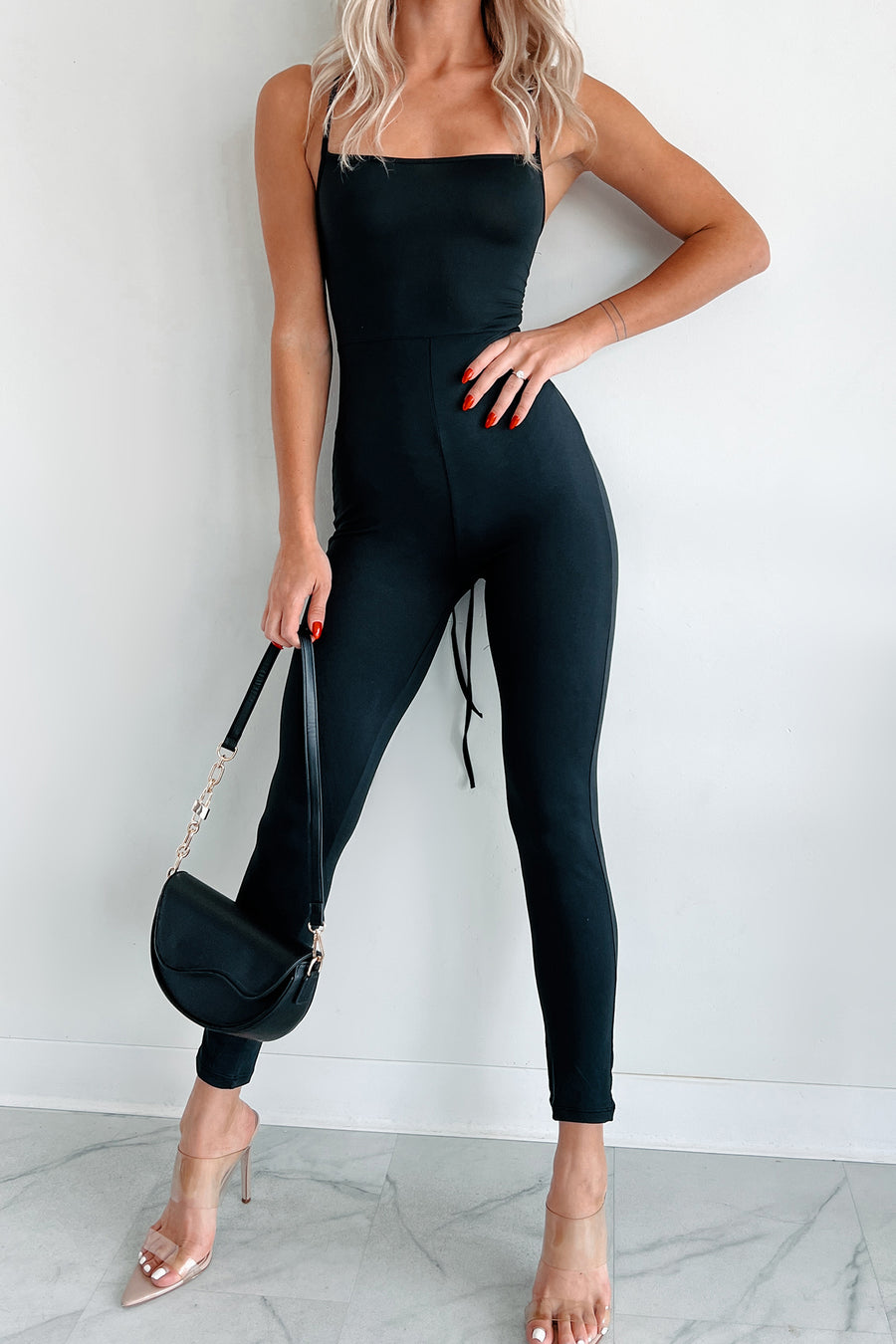 Time To Walk Away Lace-Up Back Jumpsuit (Black) - NanaMacs