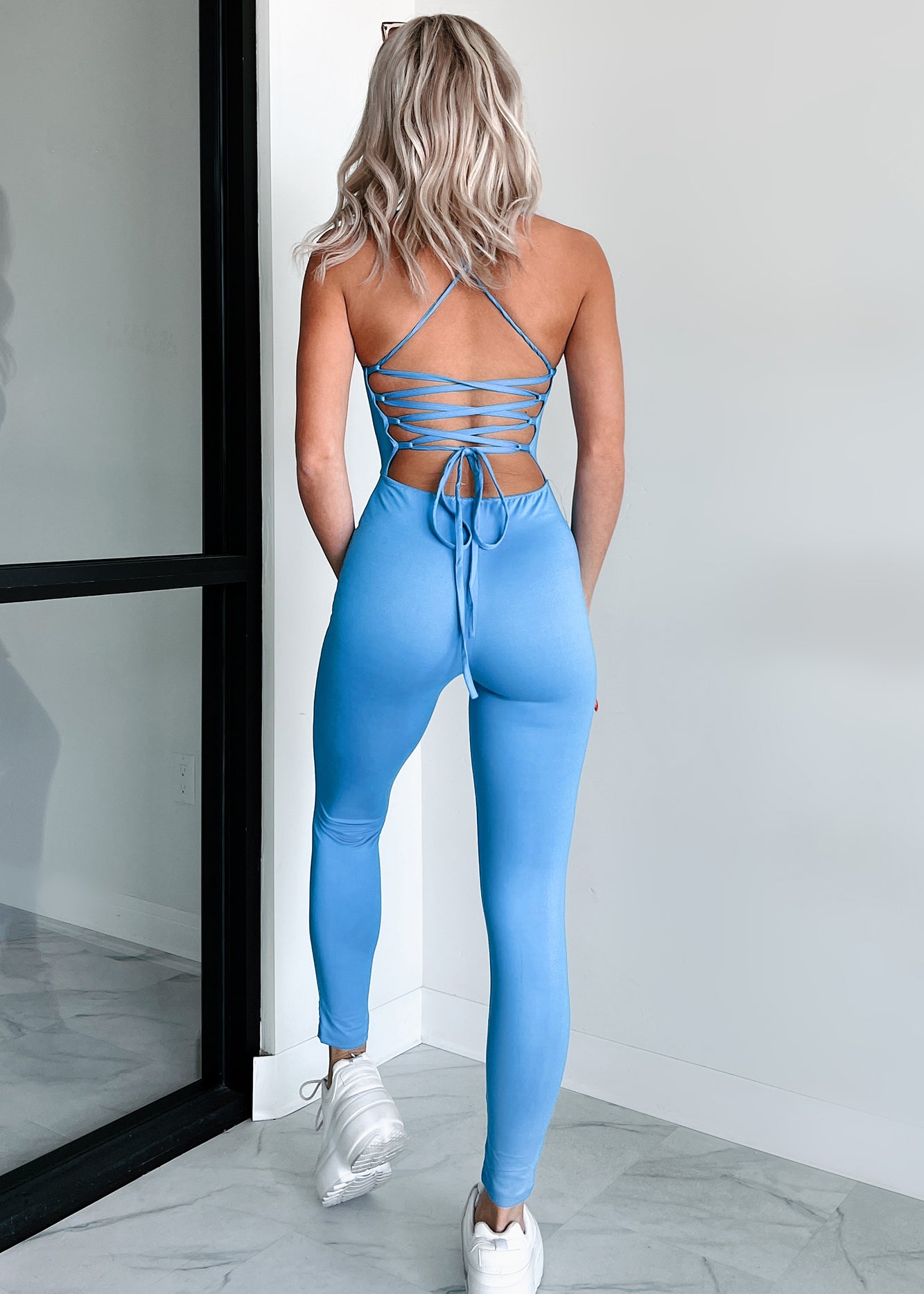 Time To Walk Away Lace-Up Back Jumpsuit (Blue) - NanaMacs