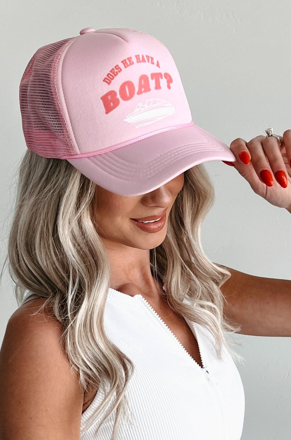 "Does He Have A Boat" Trucker Hat (Light Pink) - NanaMacs