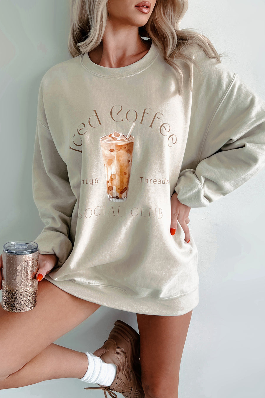 I'll Take An Ice Coffee Graphic Sweatshirt (Sand) - NanaMacs