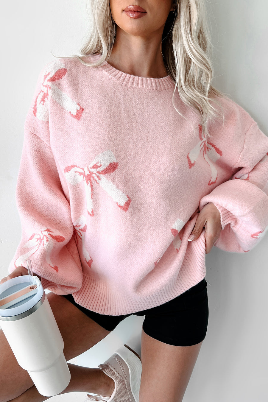 Cherished Moment Bow Print Sweater (Light Pink) - NanaMacs