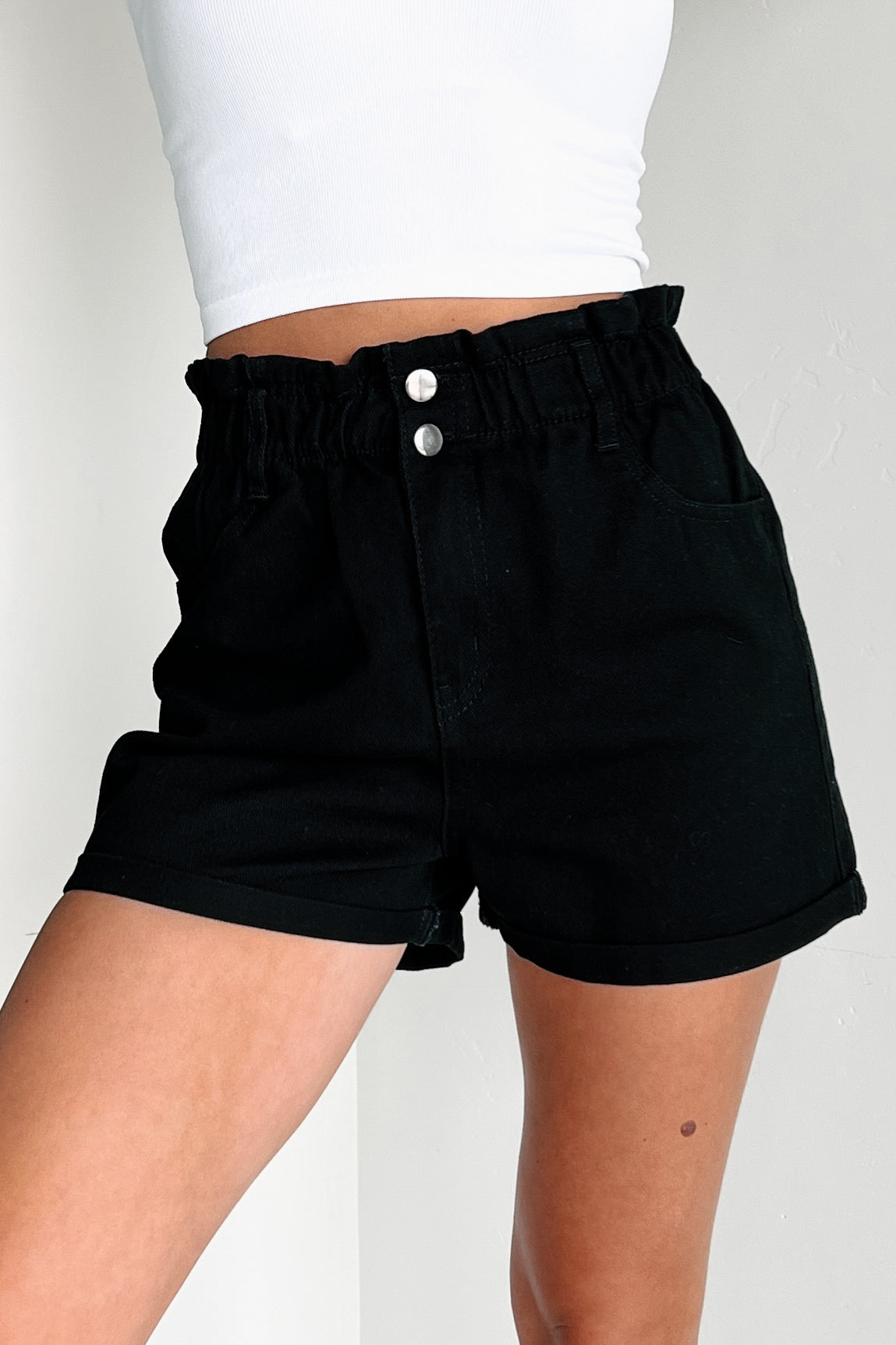 Black denim paperbag shorts online