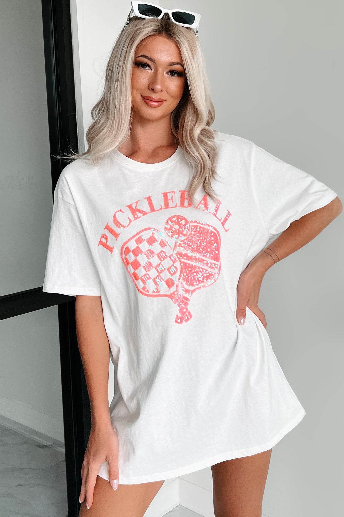 Prepped For Pickleball Oversized Sequin Graphic T-Shirt (Off White) - NanaMacs