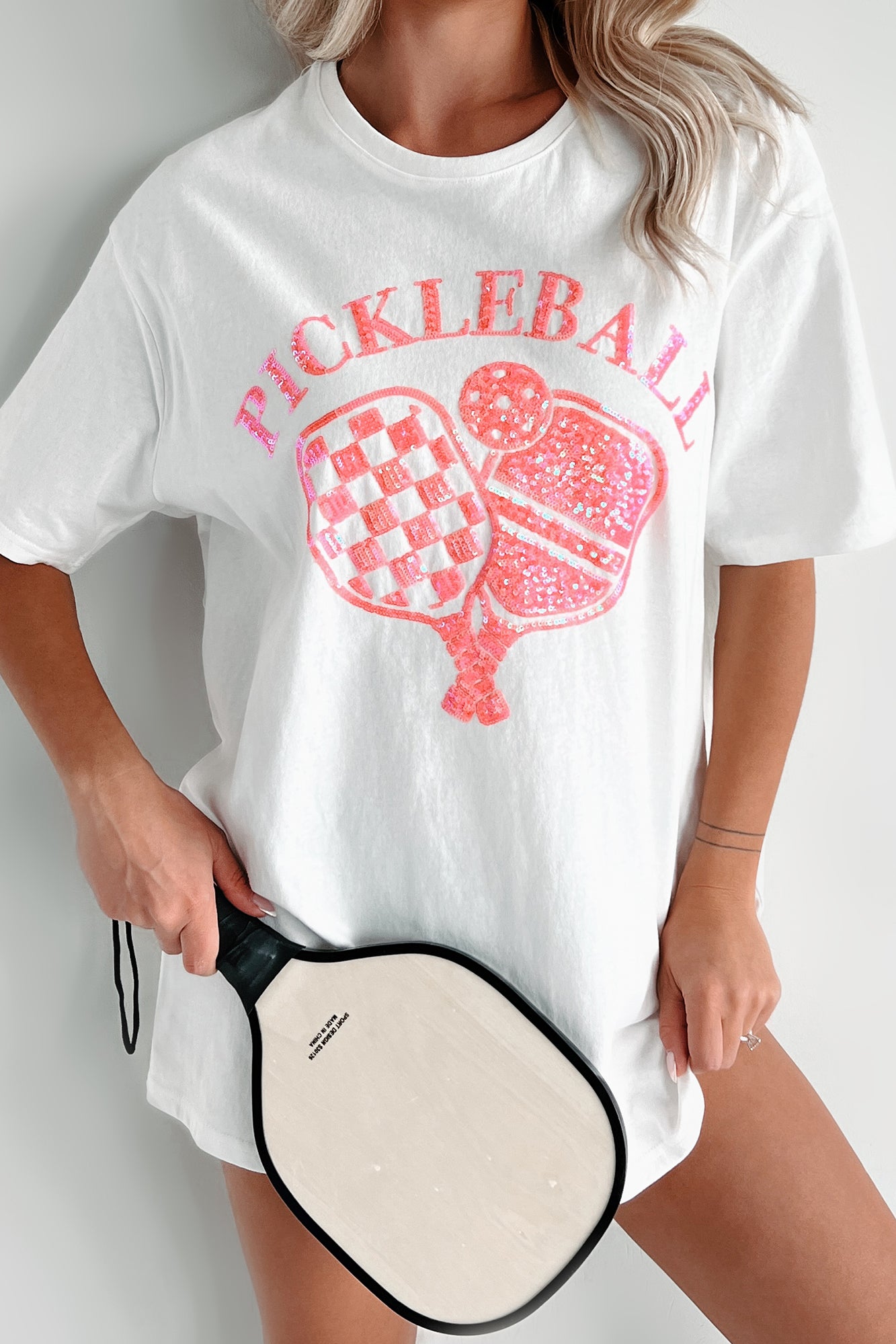 Prepped For Pickleball Oversized Sequin Graphic T-Shirt (Off White) - NanaMacs