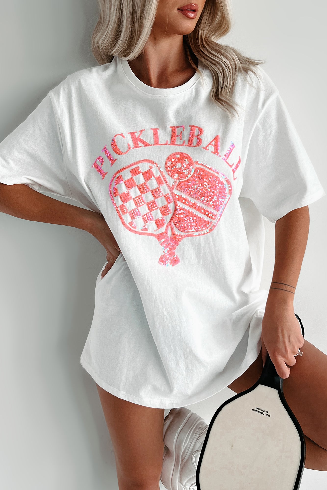 Prepped For Pickleball Oversized Sequin Graphic T-Shirt (Off White) - NanaMacs