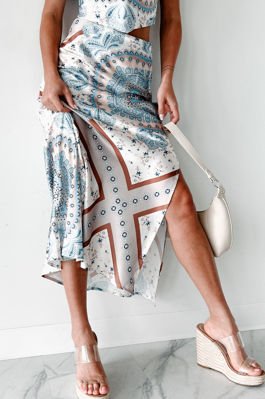 Instantly Adored Printed Satin Maxi Skirt (Sand Multi) - NanaMacs