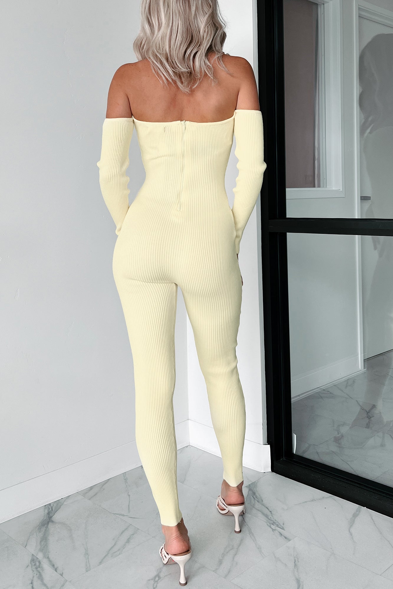 Telling Secrets Off The Shoulder Ribbed Catsuit (Yellow) - NanaMacs