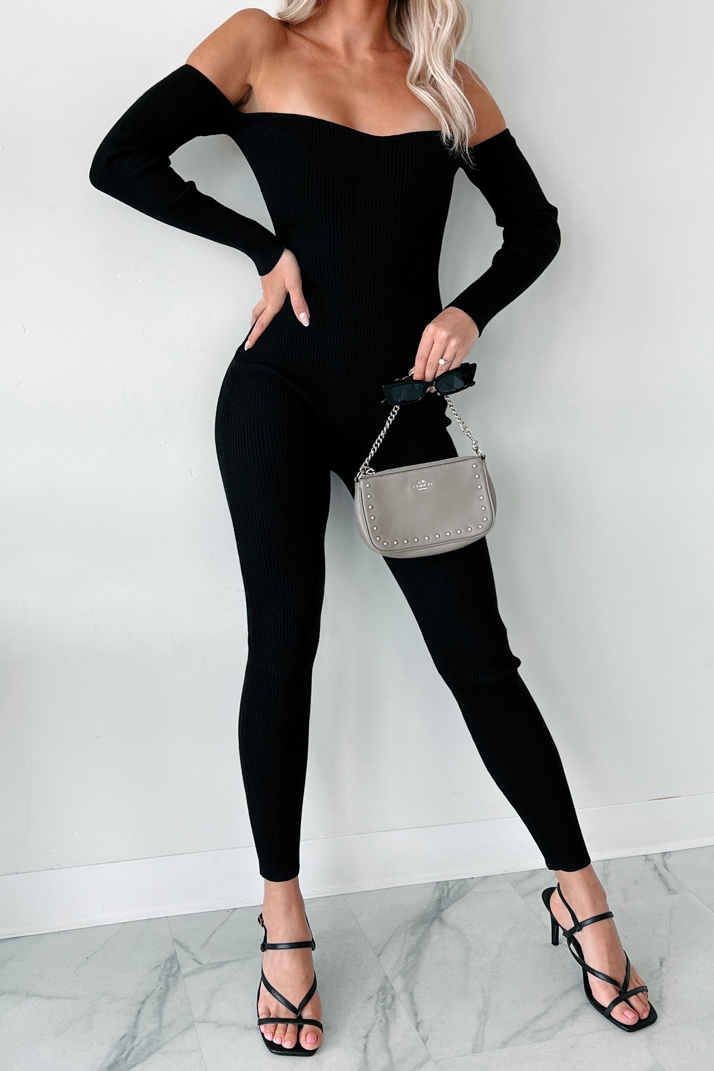 Telling Secrets Off The Shoulder Ribbed Catsuit (Black) - NanaMacs