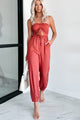 Meet Me Halfway Strapless Ruched Jumpsuit (Dark Fuchsia) - NanaMacs