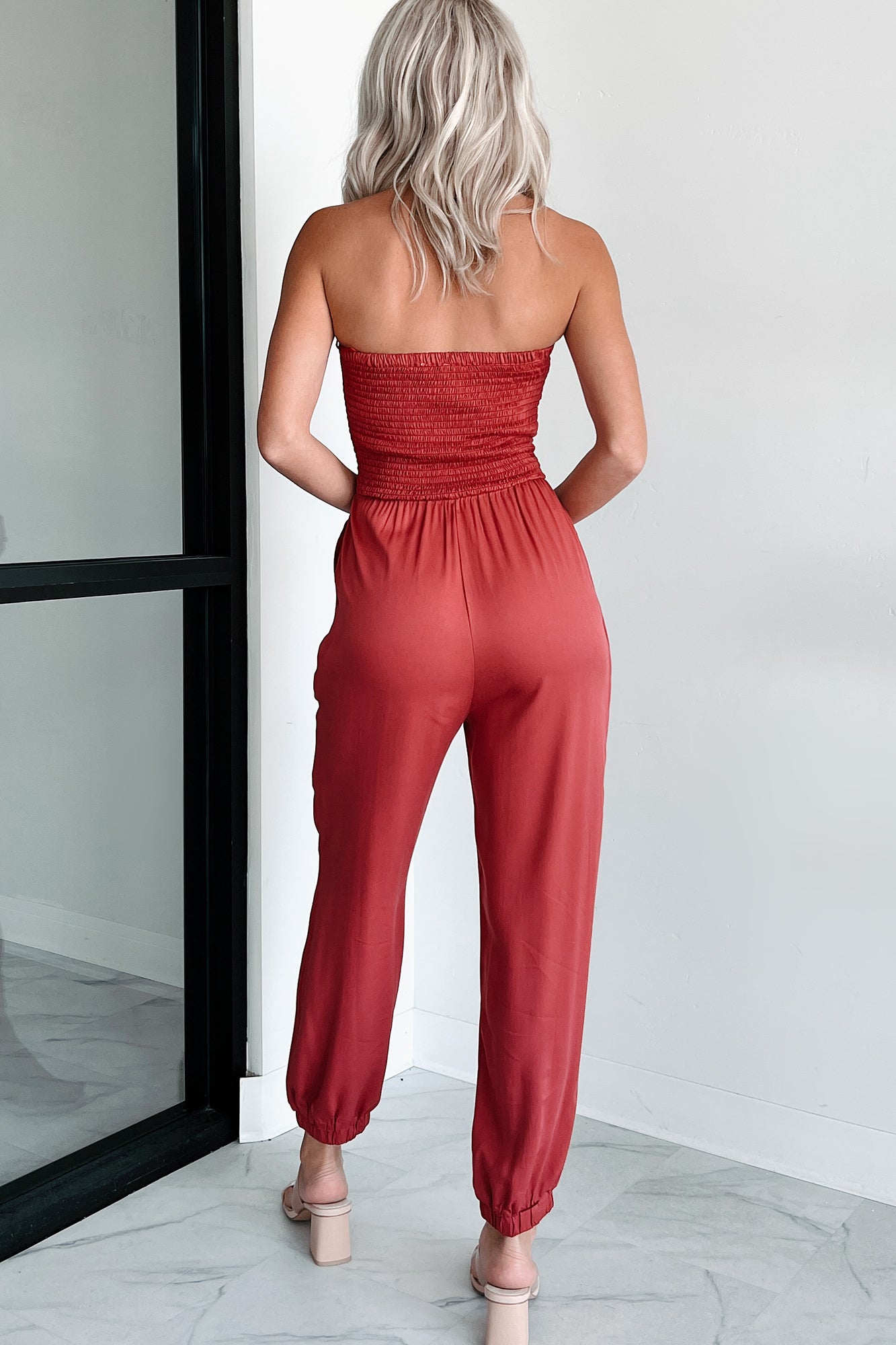 Meet Me Halfway Strapless Ruched Jumpsuit (Dark Fuchsia) - NanaMacs