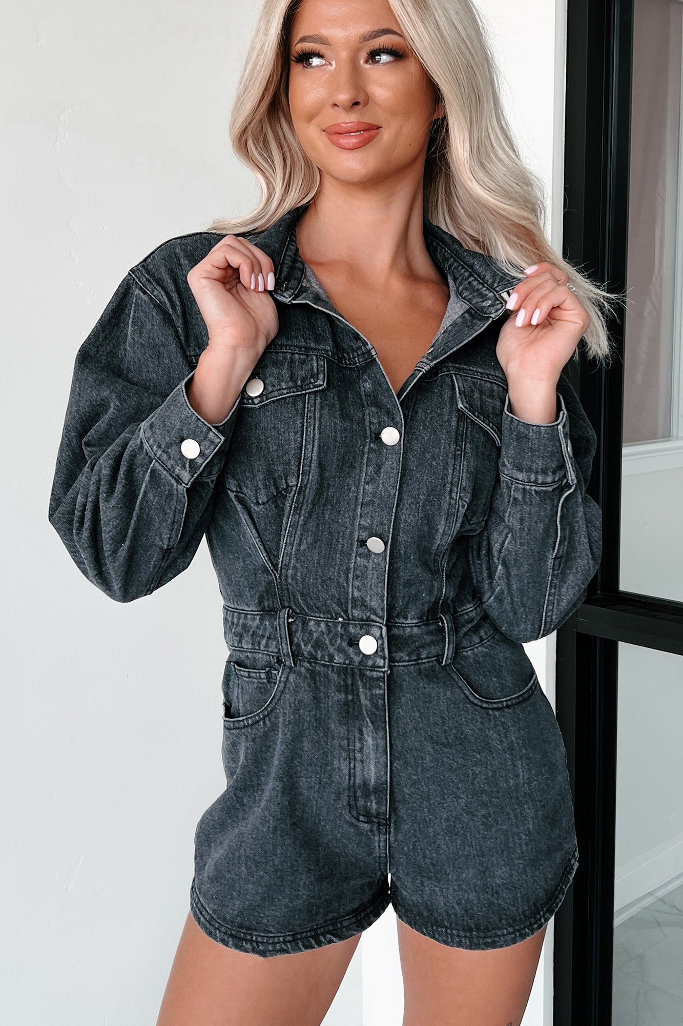 Black denim romper online