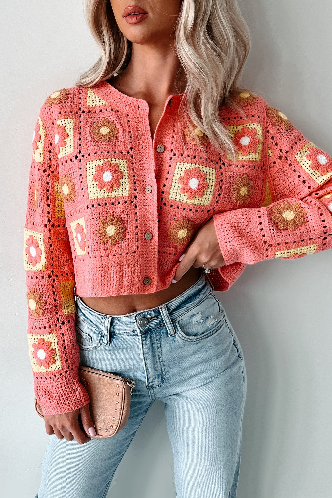 Vintage Soul Floral Crochet Crop Cardigan (Pink) - NanaMacs