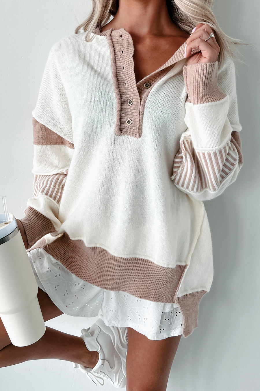 Routinely Casual Oversized Colorblock Sweater (Ivory/Mocha) - NanaMacs