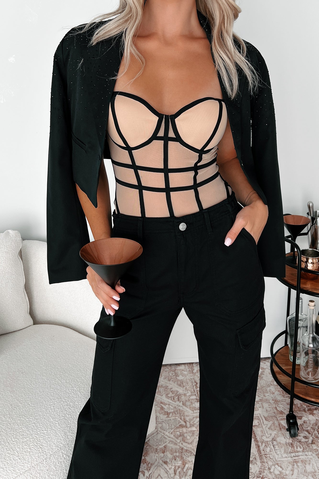 Staying Sassy Contrast Mesh Bodysuit (Taupe/Black) - NanaMacs