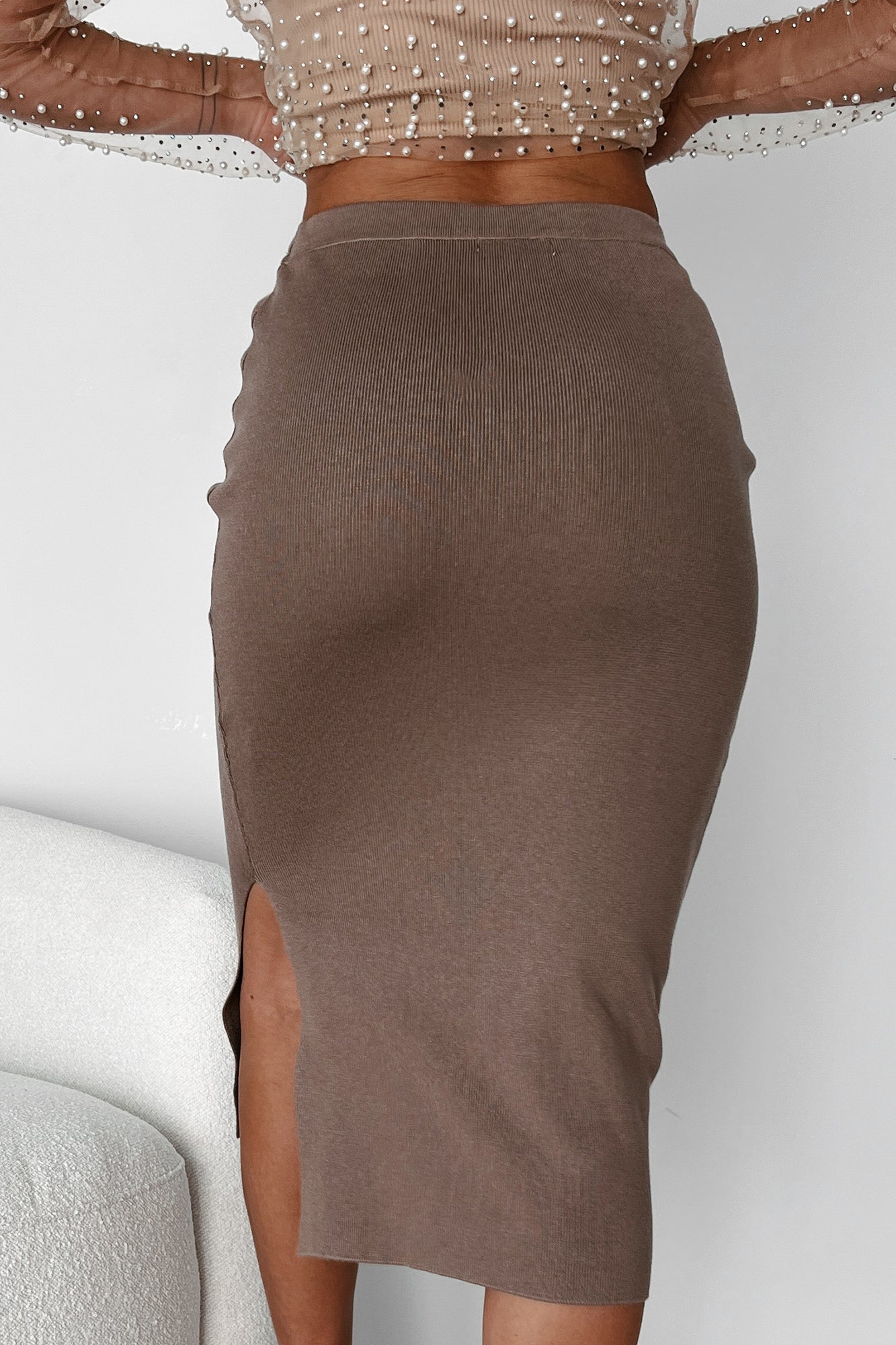 Promising Future Knit Bodycon Midi Skirt (Tan) - NanaMacs