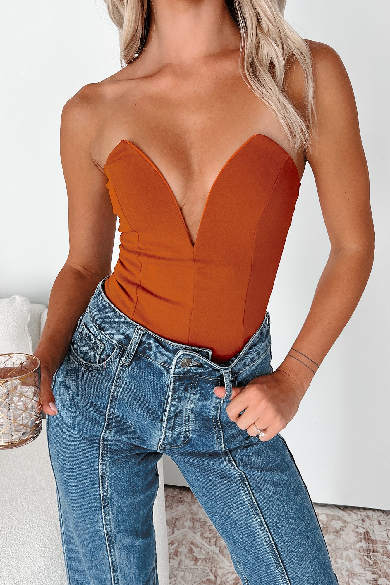 Call My Agent Strapless Deep V-Neck Bodysuit (Desert Orange) - NanaMacs