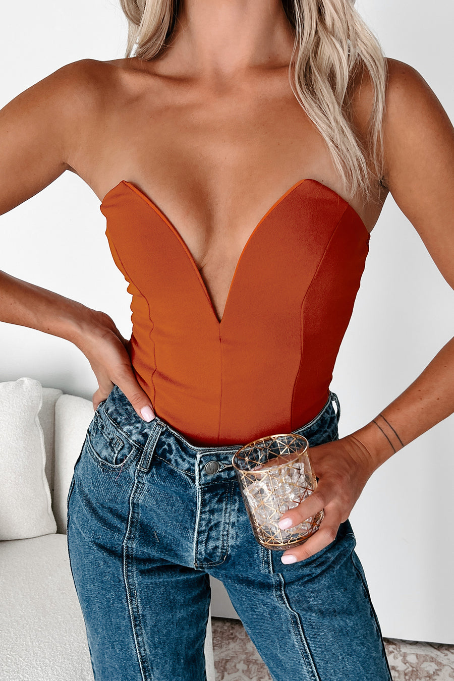 Call My Agent Strapless Deep V-Neck Bodysuit (Desert Orange) - NanaMacs