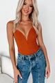 Call My Agent Strapless Deep V-Neck Bodysuit (Desert Orange) - NanaMacs