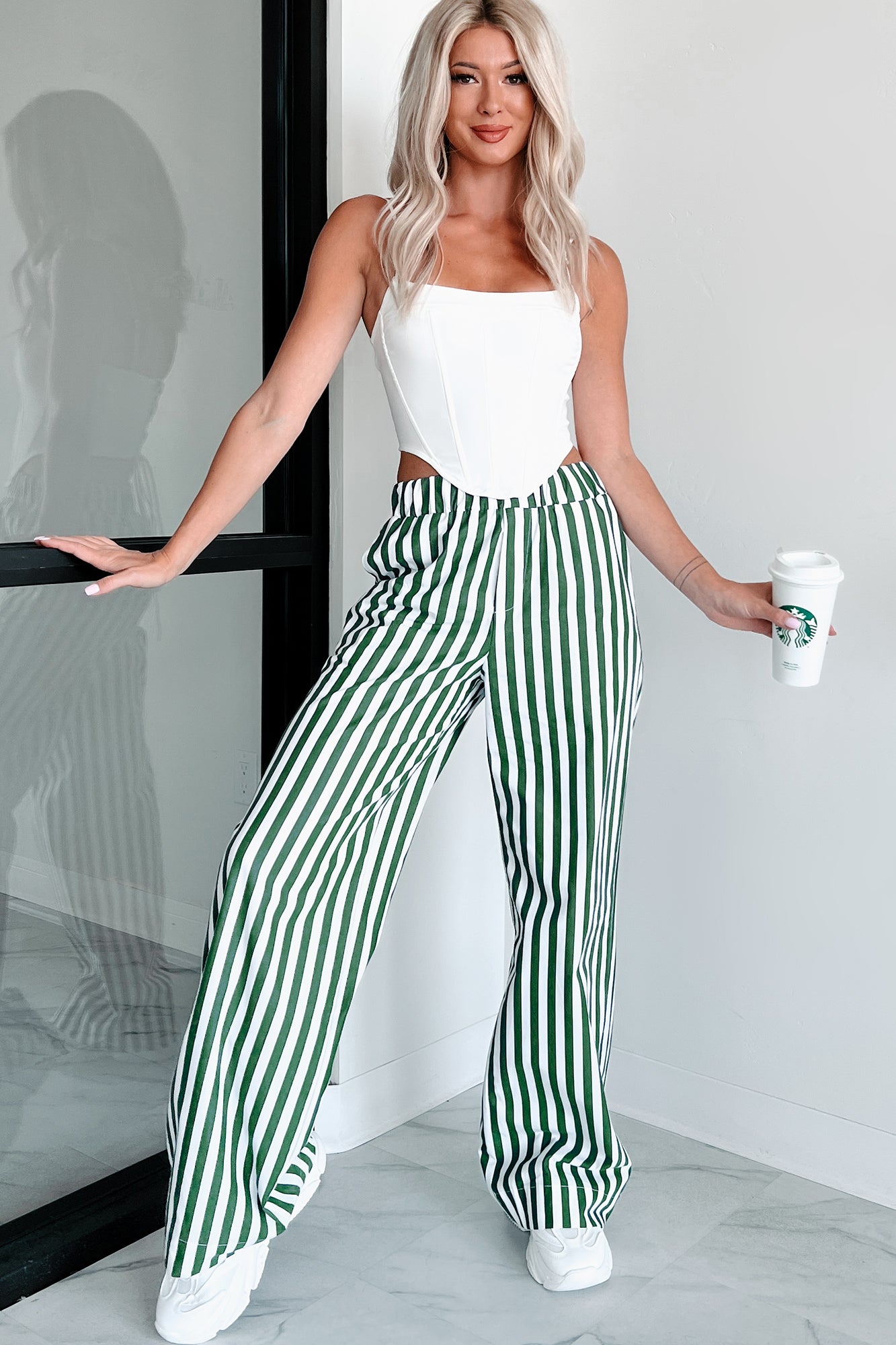 Cute On The Coast Wide Leg Stripe Pants (Hunter Green/White) - NanaMacs