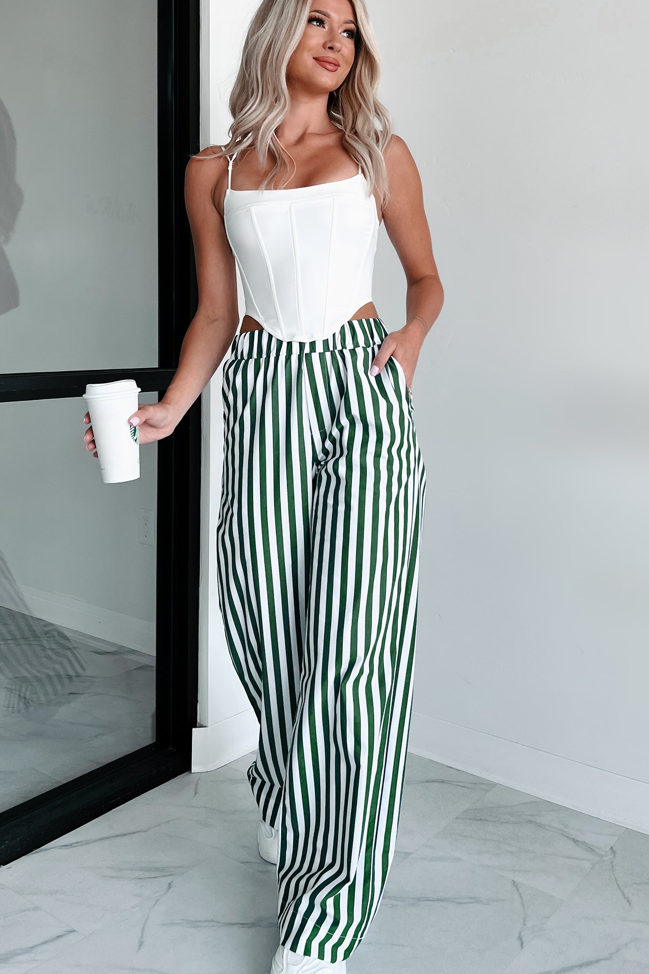 Cute On The Coast Wide Leg Stripe Pants Hunter Green White NanaMacs