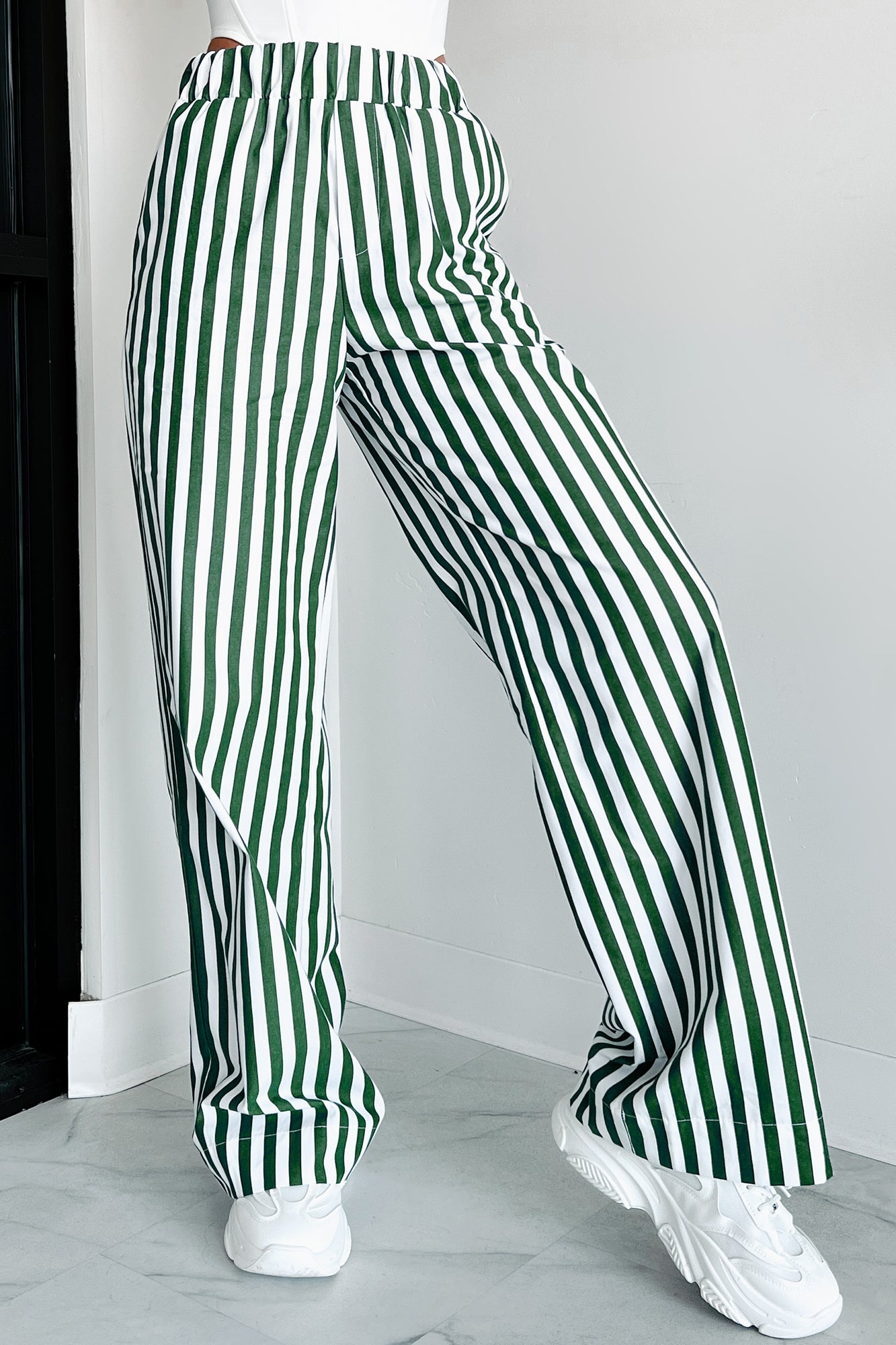 Green and white striped pants online