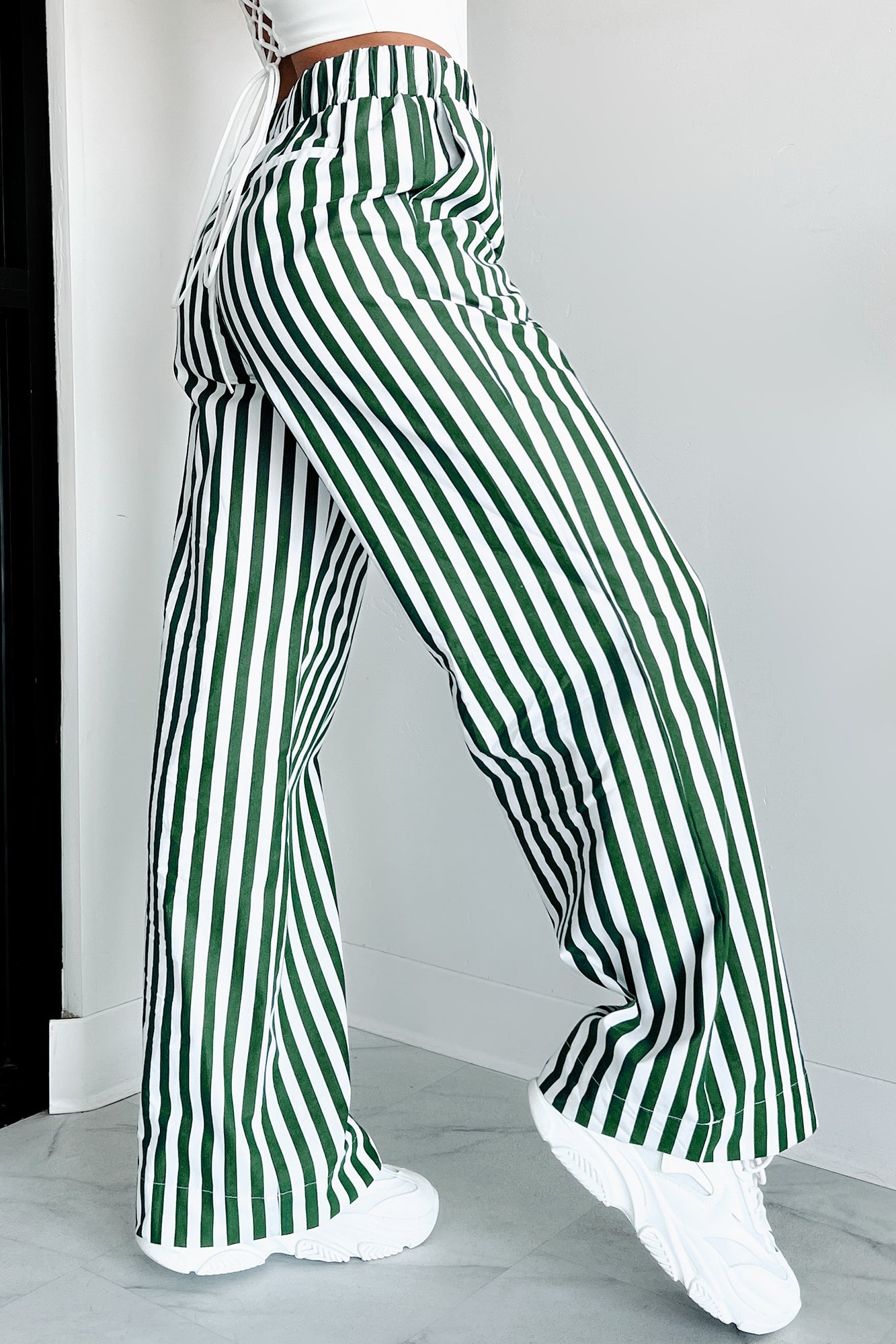 Cute On The Coast Wide Leg Stripe Pants (Hunter Green/White) - NanaMacs