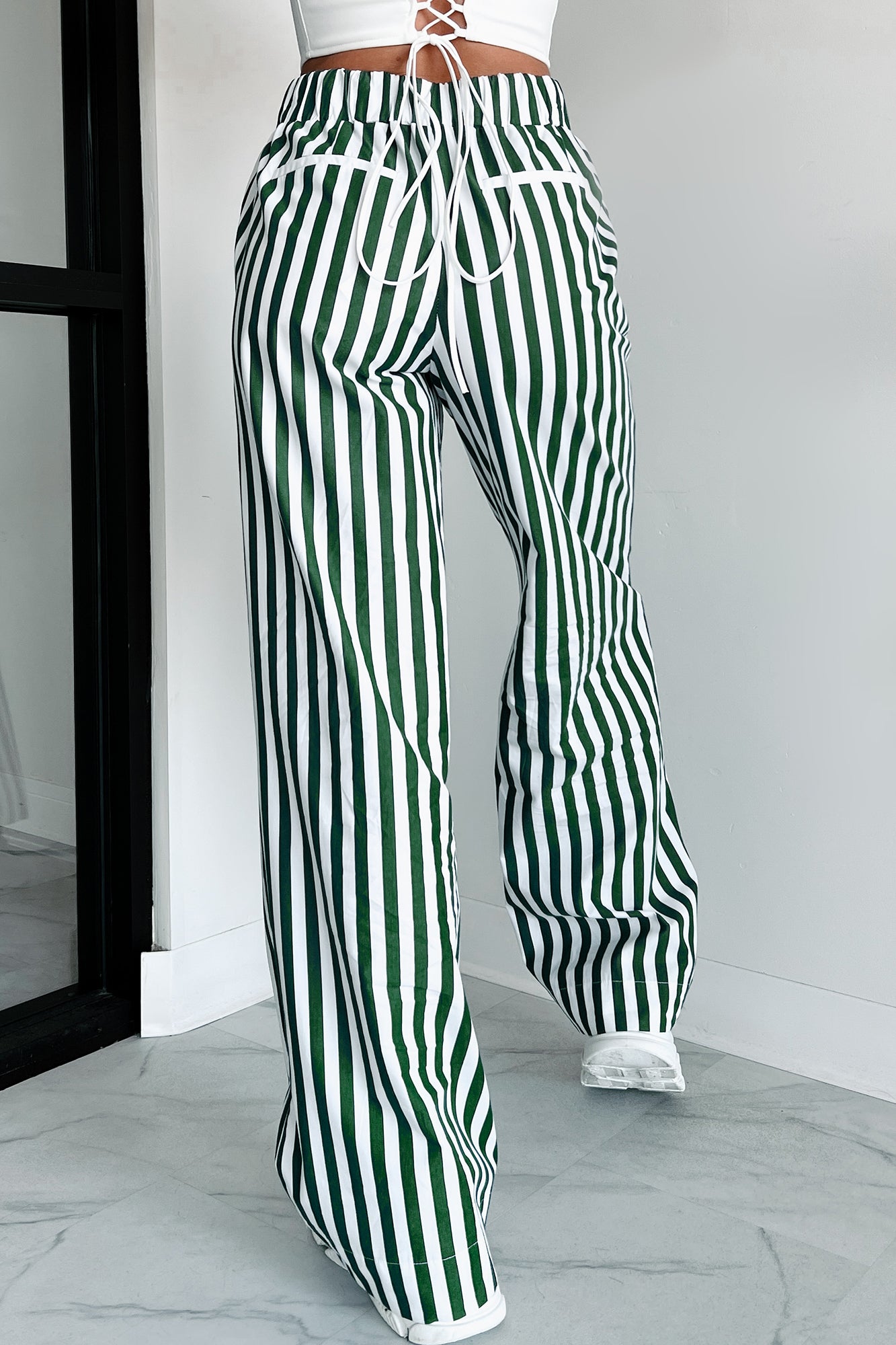 Cute On The Coast Wide Leg Stripe Pants (Hunter Green/White) - NanaMacs