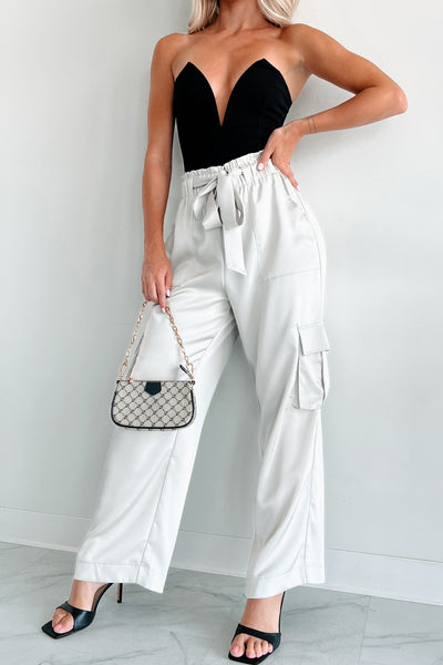 DOORBUSTER Happy Hour Hangs Satin Cargo Pants (Light Grey) · NanaMacs