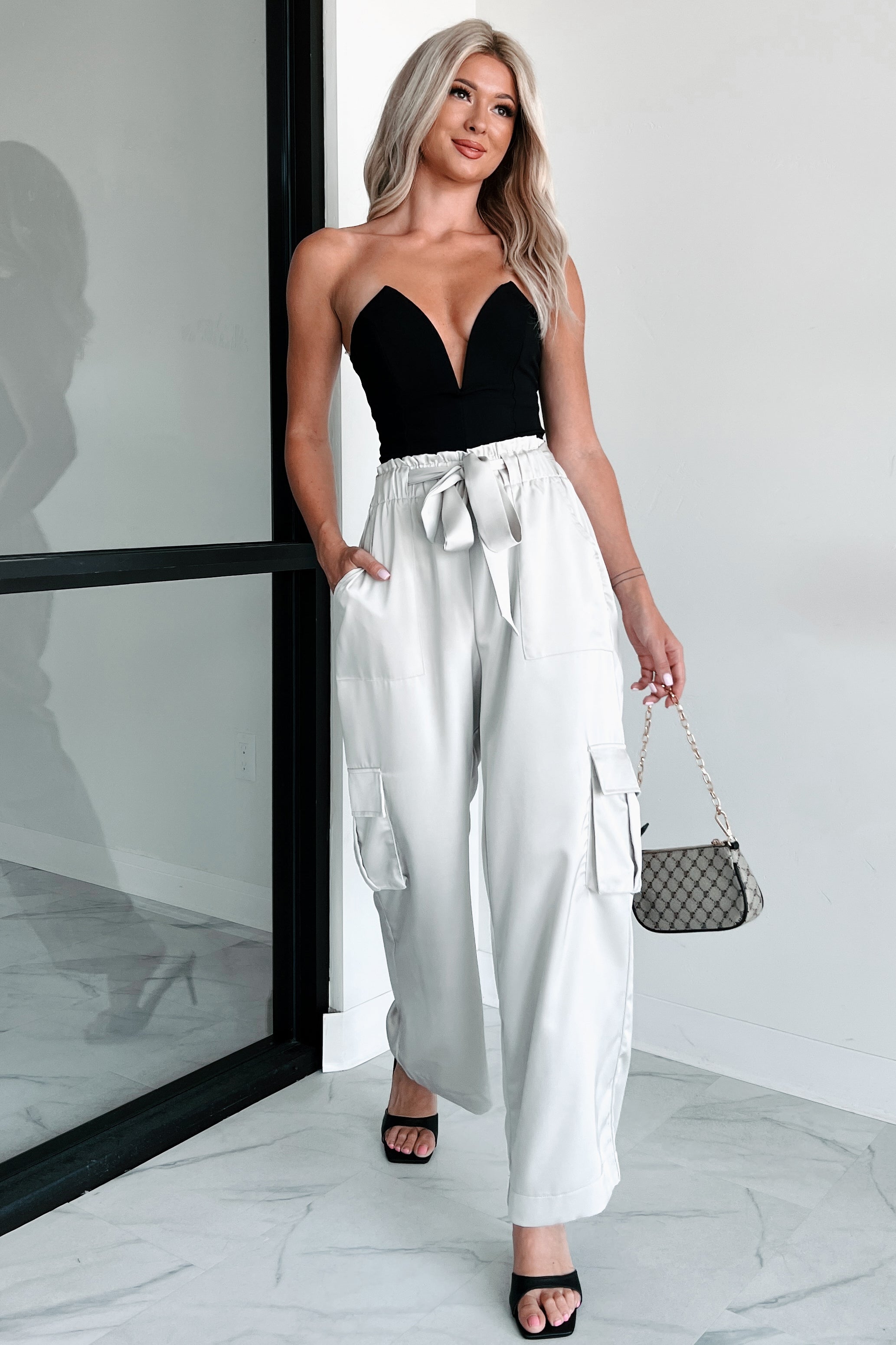DOORBUSTER Happy Hour Hangs Satin Cargo Pants (Light Grey) · NanaMacs