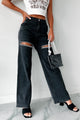 Blowing Your Mind Slit-Front Wide Leg Rhinestone Jeans (Black) - NanaMacs