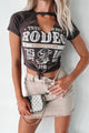 "Rodeo Competition" Cut-Out Knotted Hem Graphic Top (Dark Brown) - NanaMacs