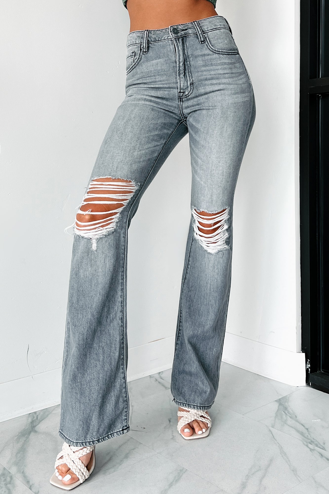 Belmont High Rise Distressed Flare Jeans (Grey) - NanaMacs