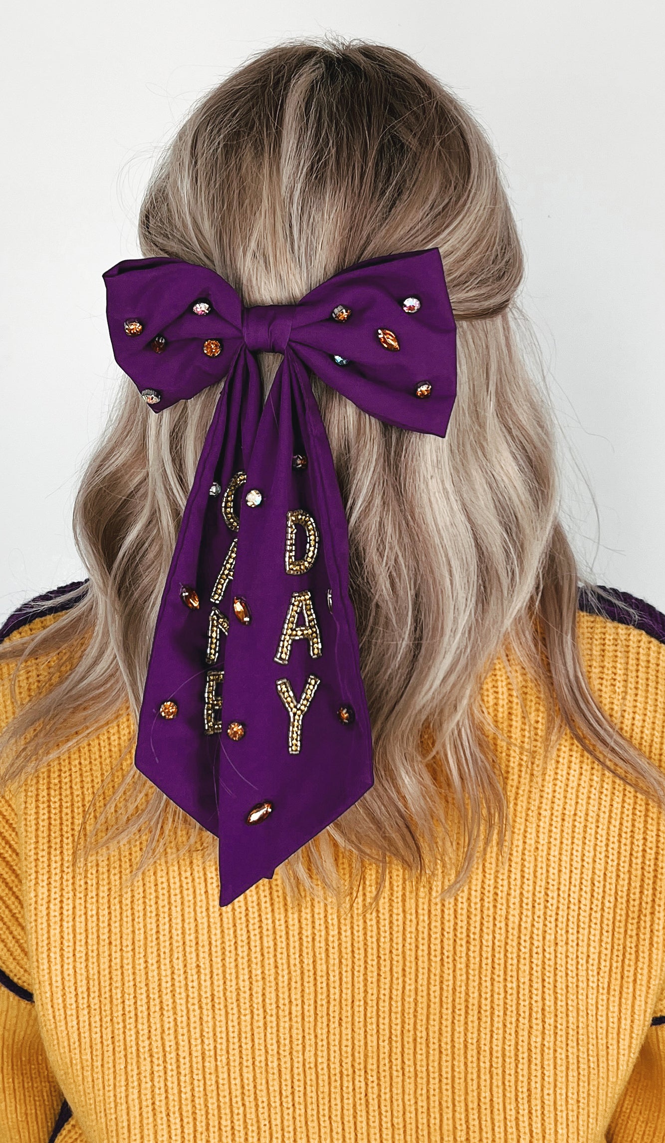 Pep Squad Beaded Barrette Hair Bow (Purple/Yellow) - NanaMacs