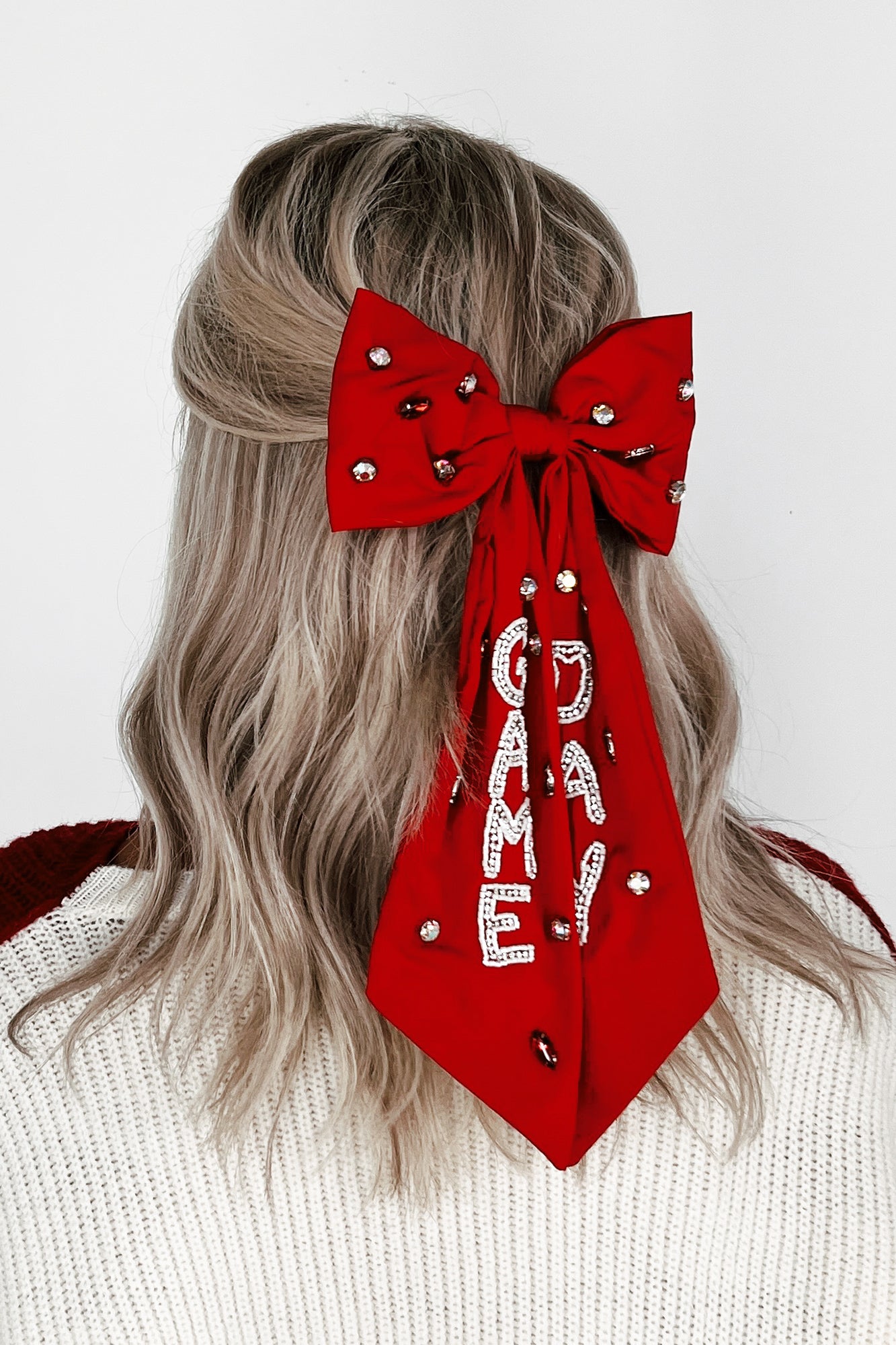 Pep Squad Beaded Barrette Hair Bow (Red/White) - NanaMacs