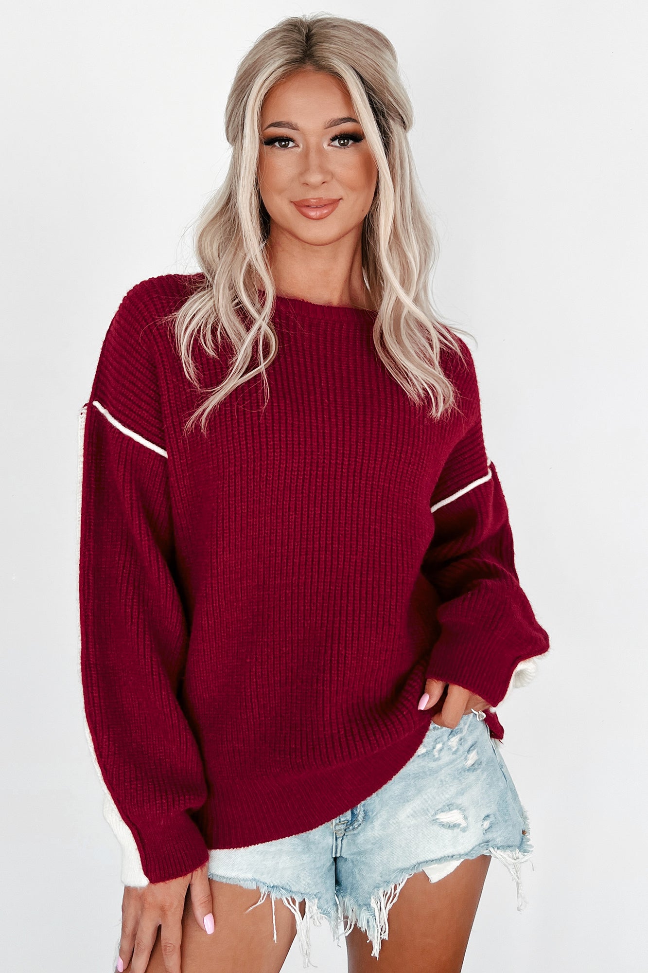 Competitively Cute Colorblock Sweater (Burgundy/Ivory) - NanaMacs