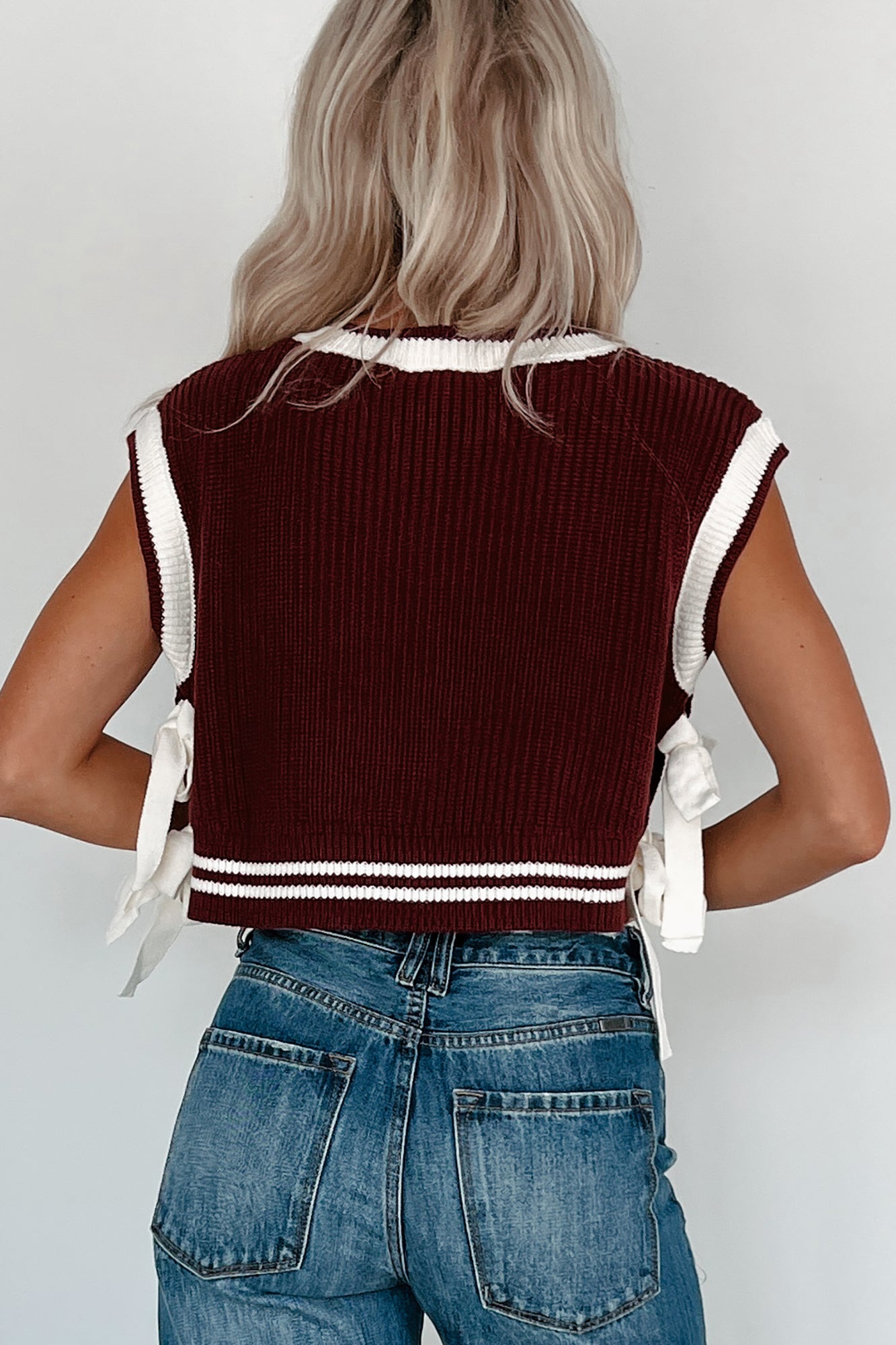 Better Take Notes Side Tie Sweater Vest (Maroon/White) - NanaMacs