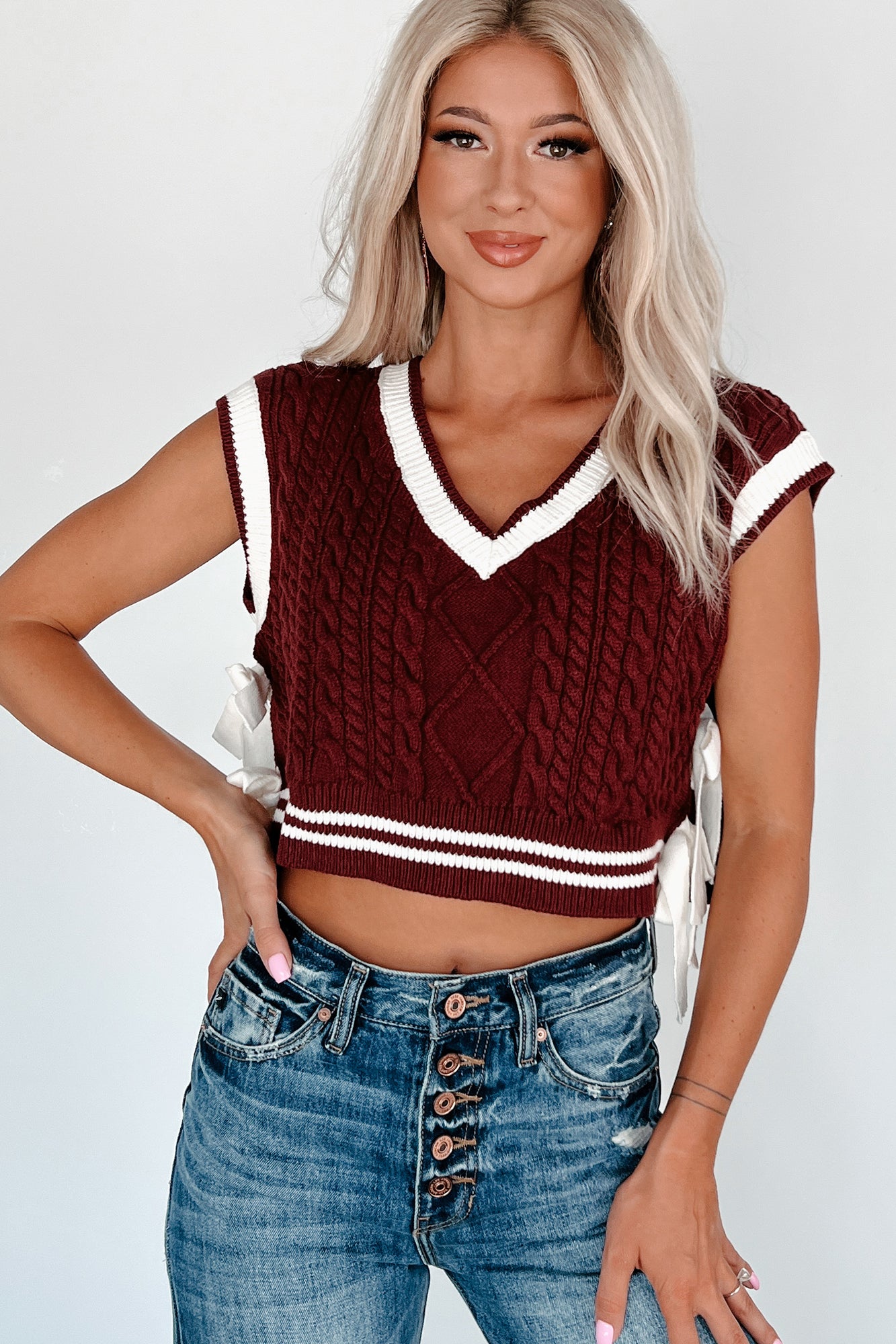 Better Take Notes Side Tie Sweater Vest (Maroon/White) - NanaMacs