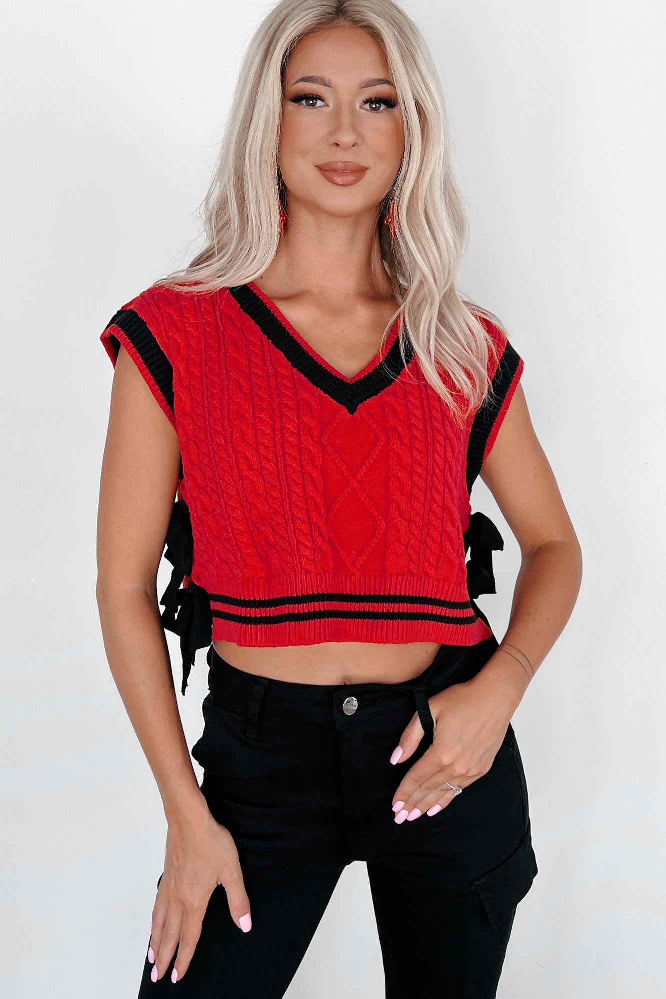 Better Take Notes Side Tie Sweater Vest (Red/Black) - NanaMacs