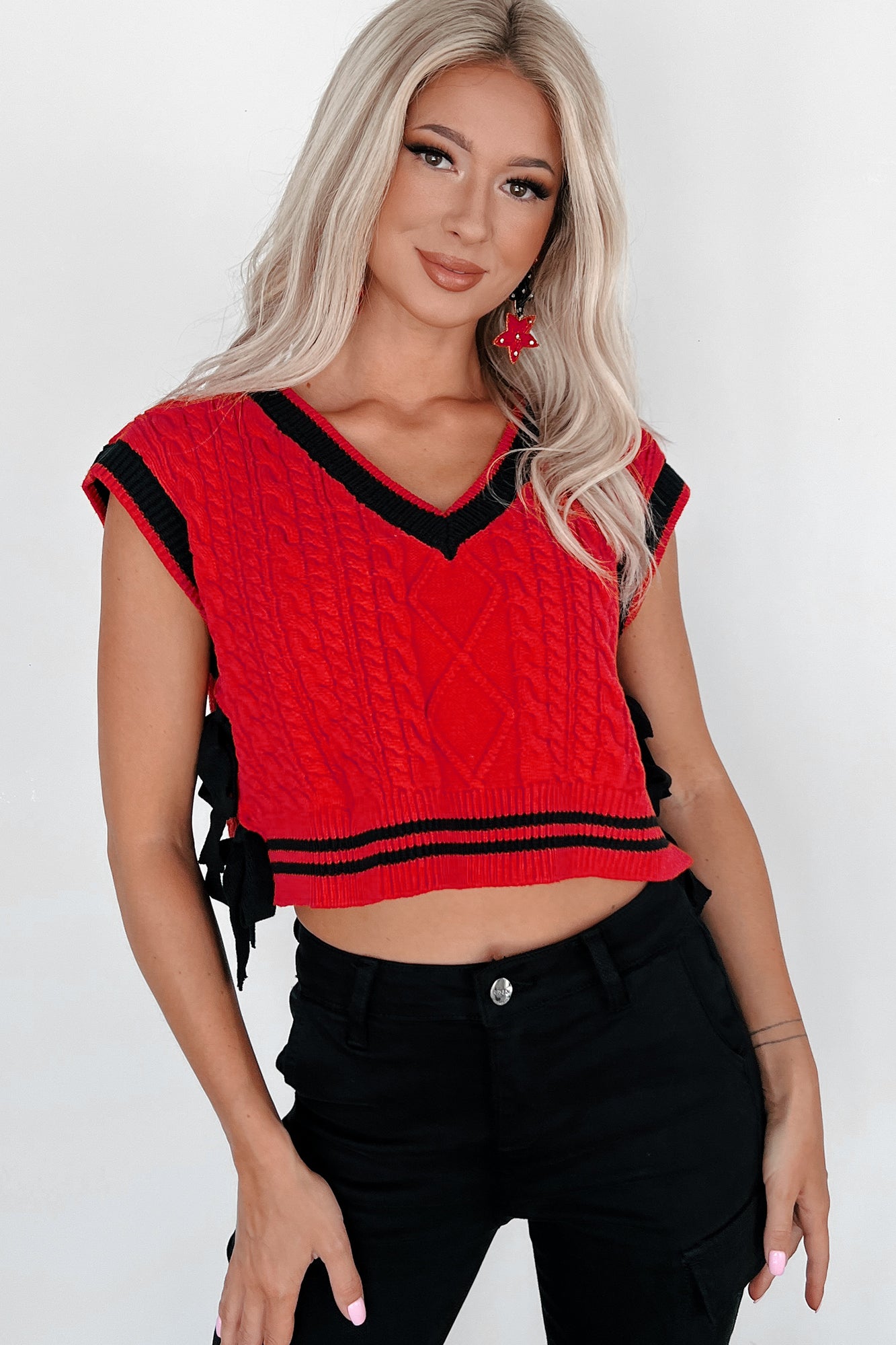 Better Take Notes Side Tie Sweater Vest (Red/Black) - NanaMacs