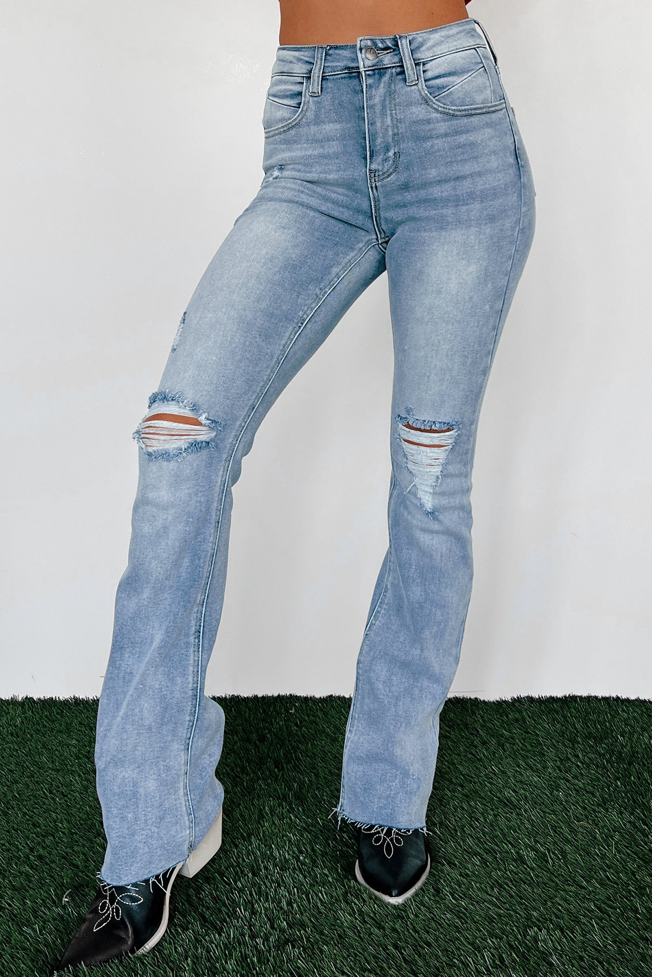 Solana High Rise Distressed Flare Jeans (Light Denim) - NanaMacs