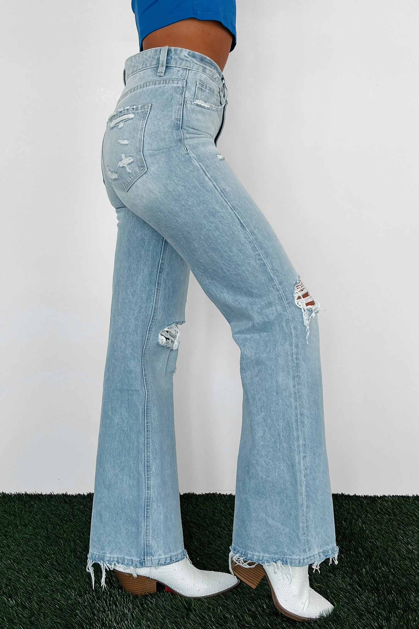 Ira High Rise Distressed 90s Vintage Vervet Flare Jeans (Light) - NanaMacs