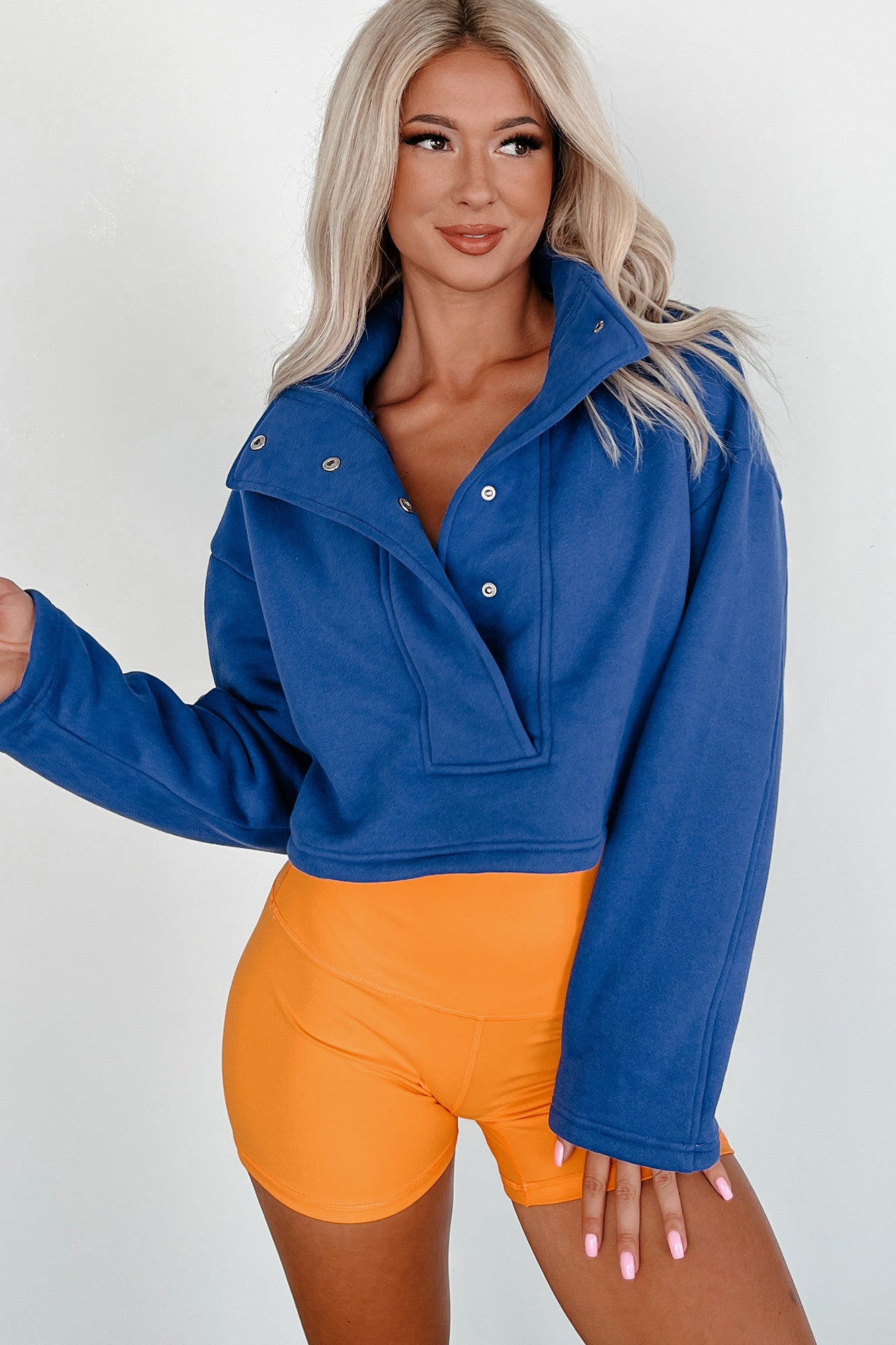 Go-Getter Attitude Cropped Snap-Button Pullover (Blue) - NanaMacs