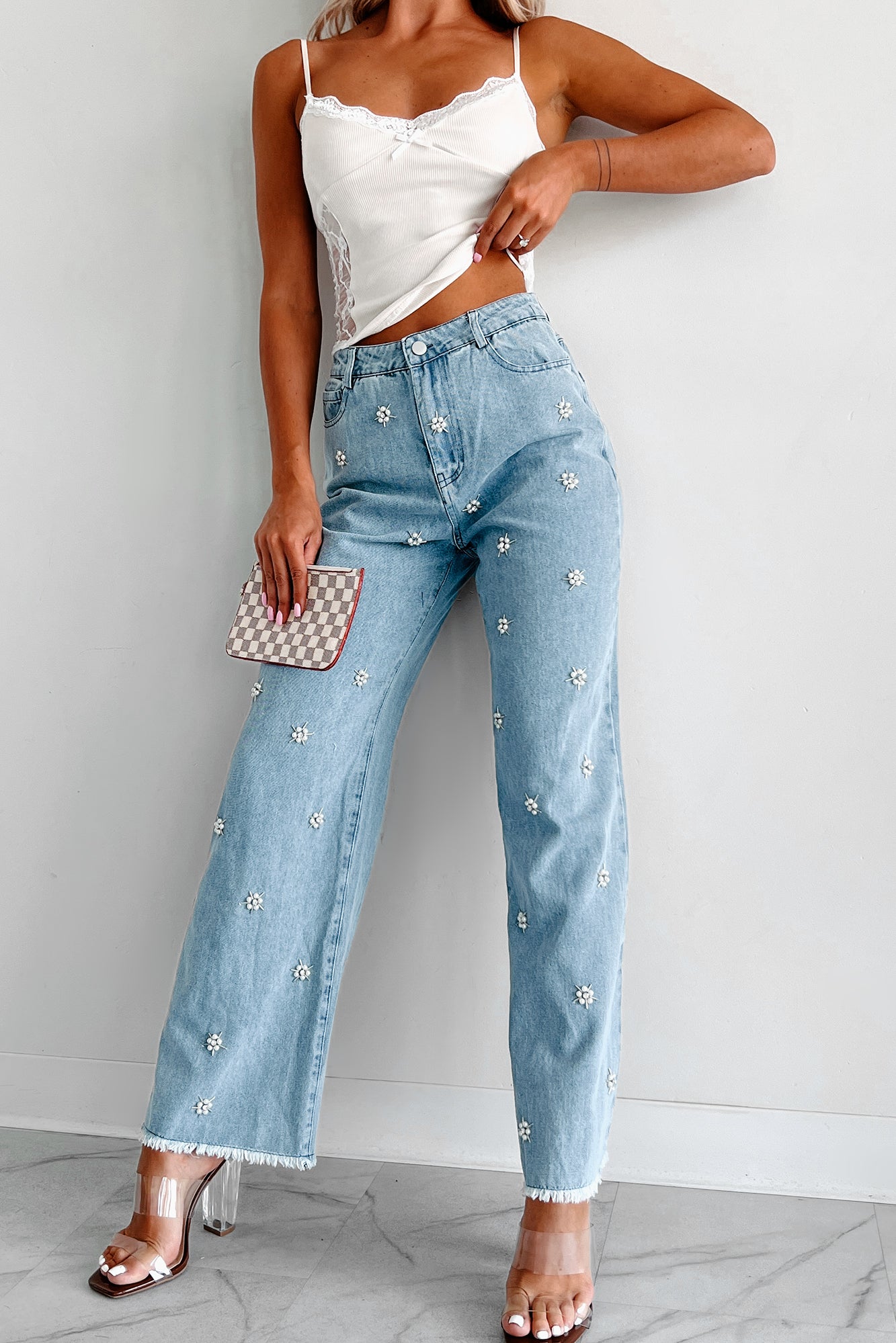 Noteworthy Style Pearl Flower Jeans (Light Denim) - NanaMacs