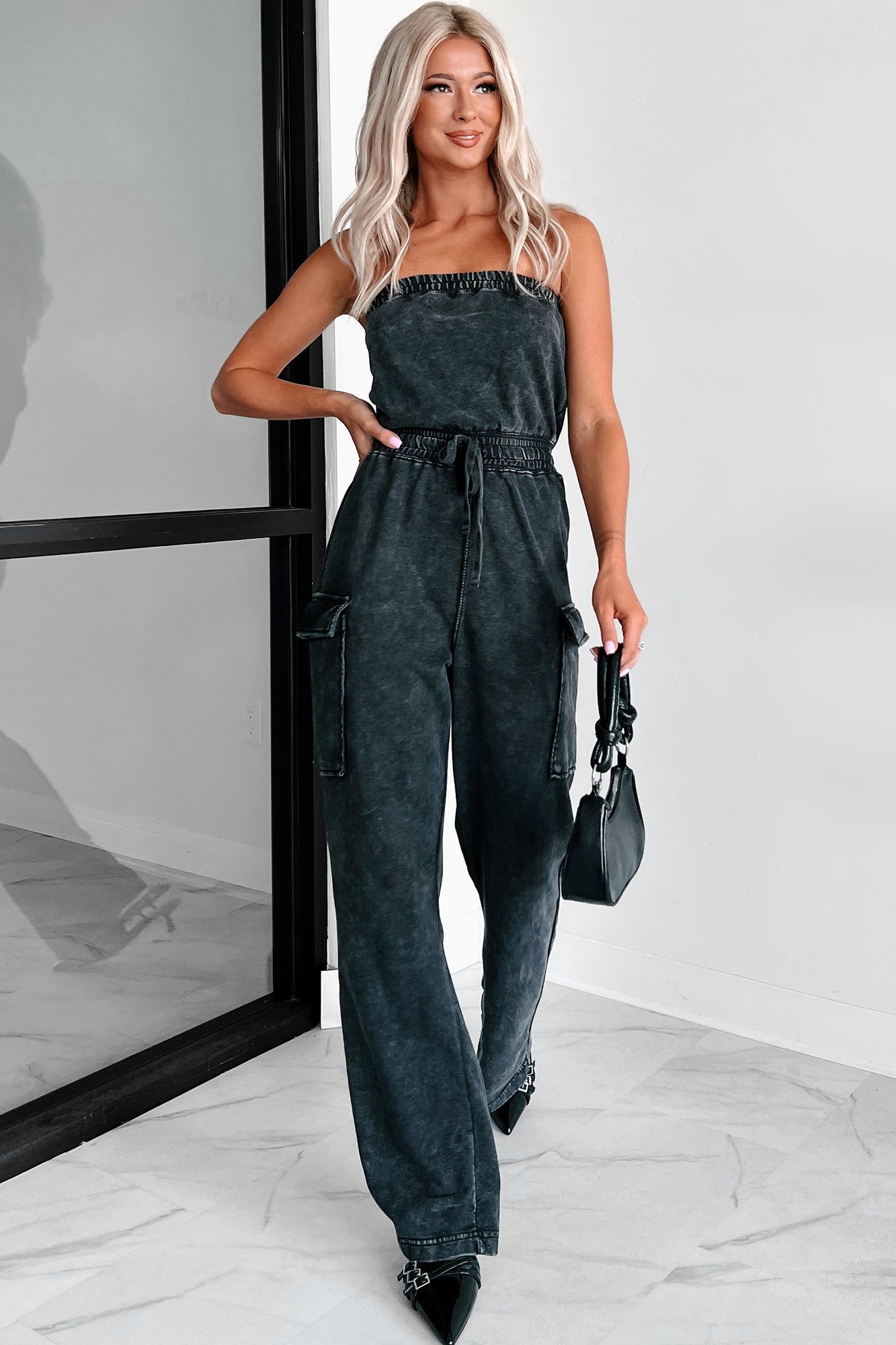 Cleared My Schedule Washed Tube Top Jumpsuit (Black) - NanaMacs