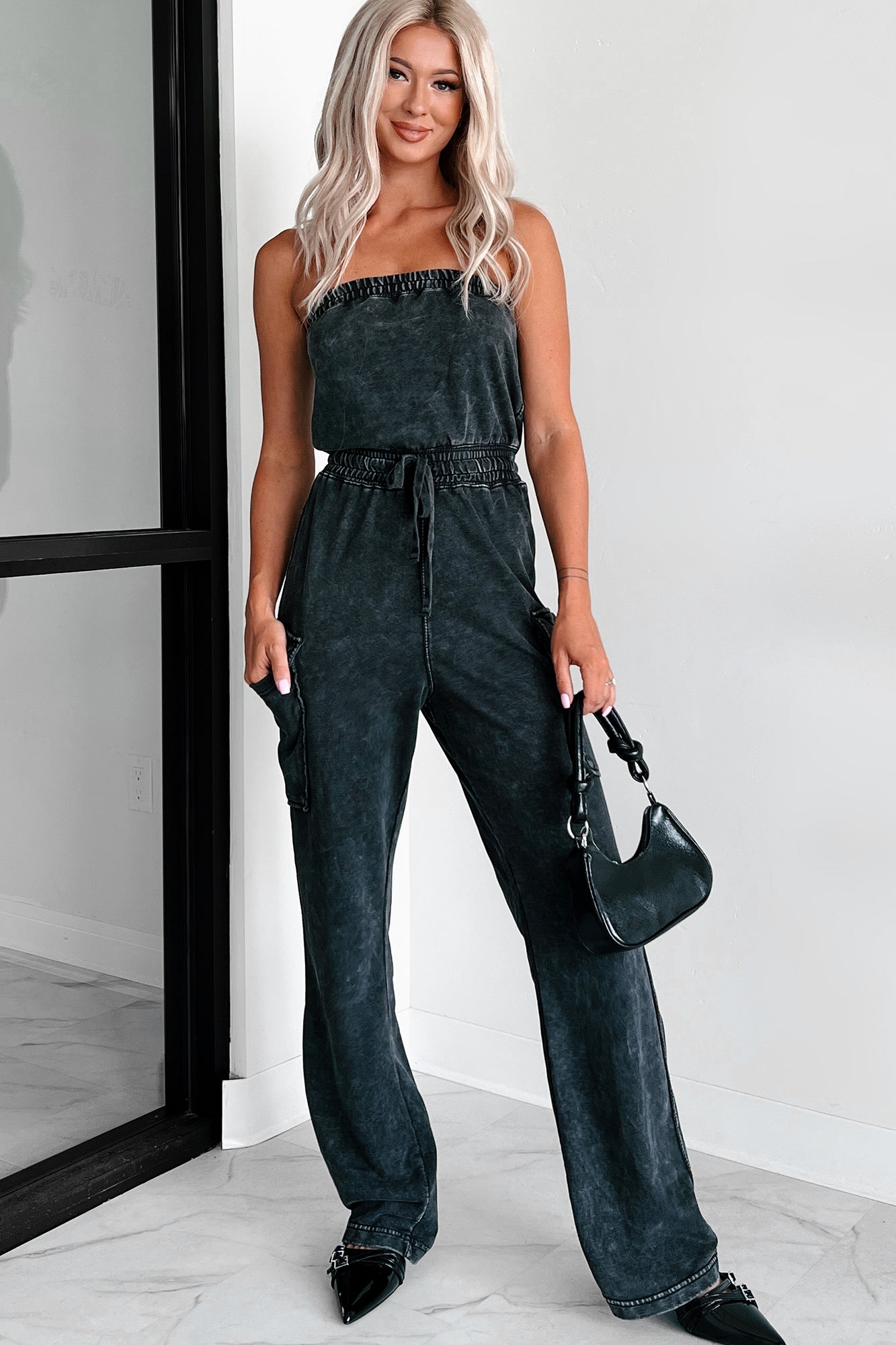 Cleared My Schedule Washed Tube Top Jumpsuit (Black) - NanaMacs